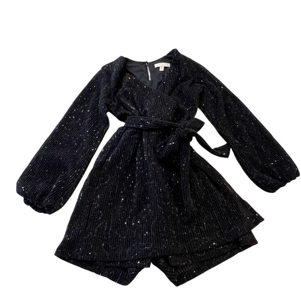 Chelsea & Violet Girls Shimmer Sequin Wrap Balloon Sleeve Romper Black Small